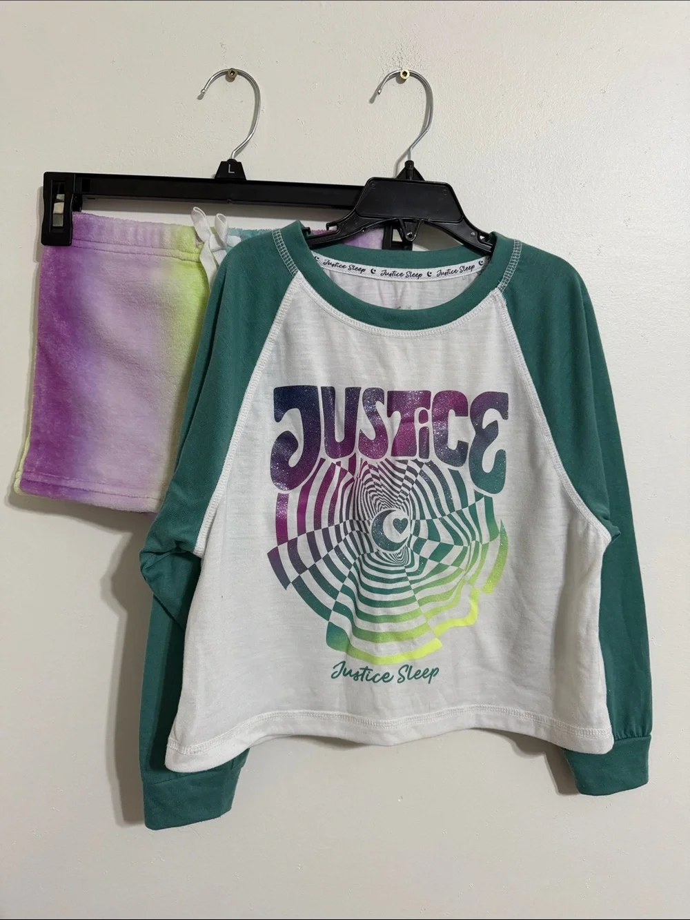 Justice White Top with Green Raglan Sleeves and Multicolor Psychedelic Graphic